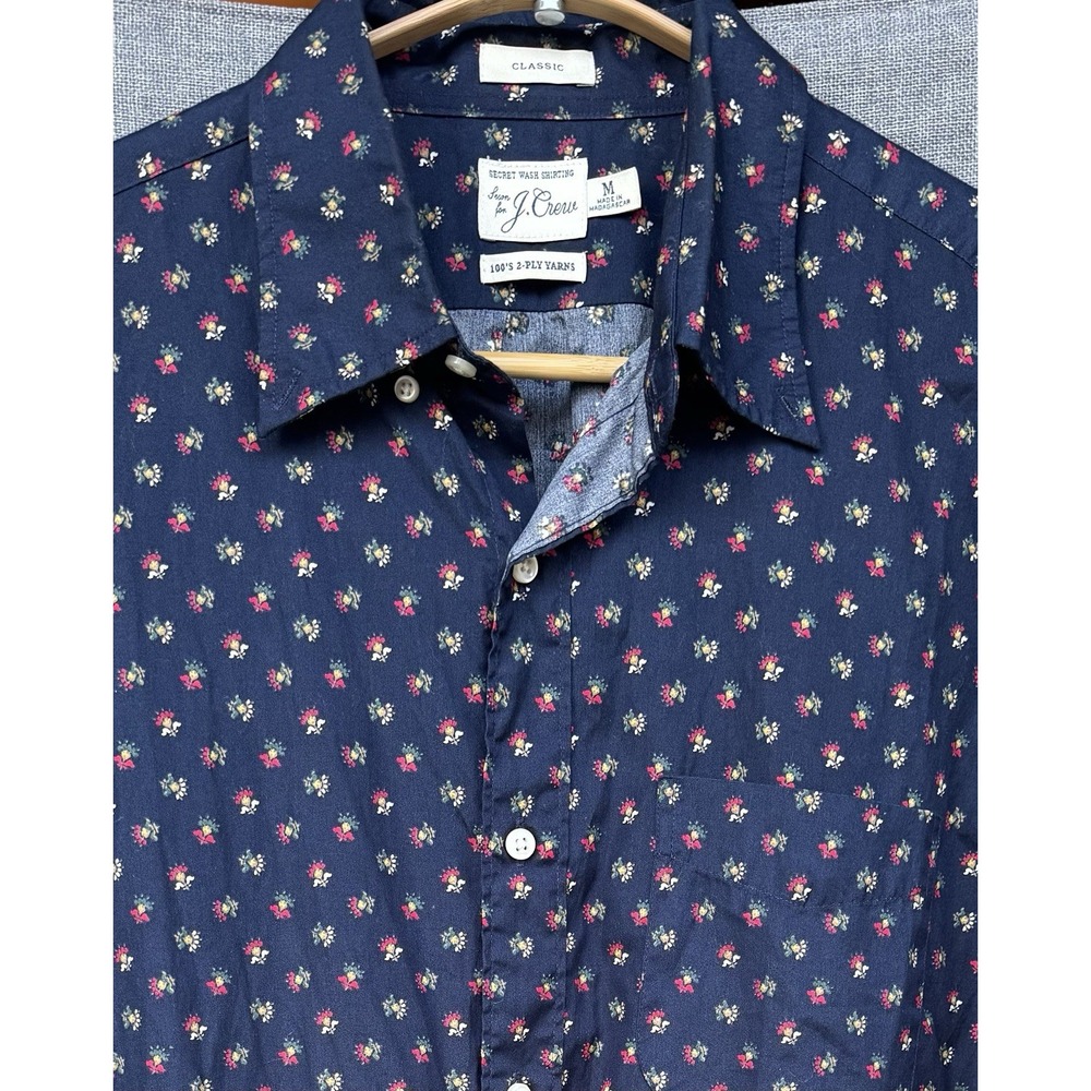 J Crew Med Button Up Shirt 100s 2 Ply Yarns Secret Wash Classic Floral Navy Blue